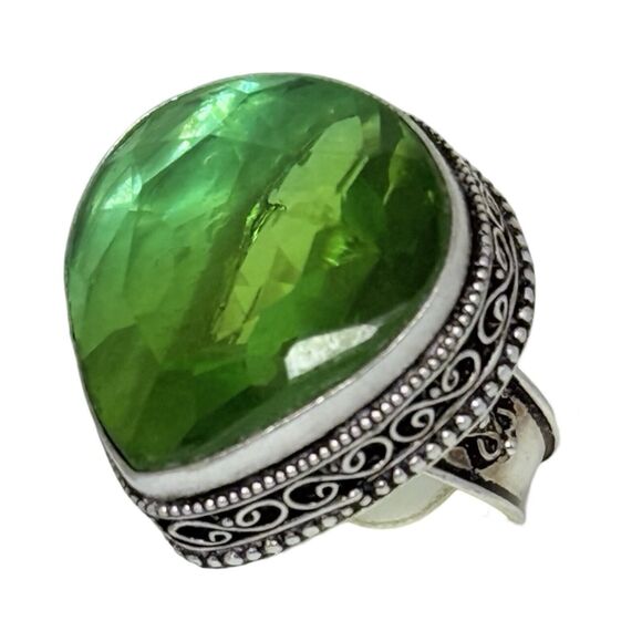 925 Sterling Silver Green Crystal Large Statement Ring Sz 8.5 Turkish Ethnic - Picture 3 of 16